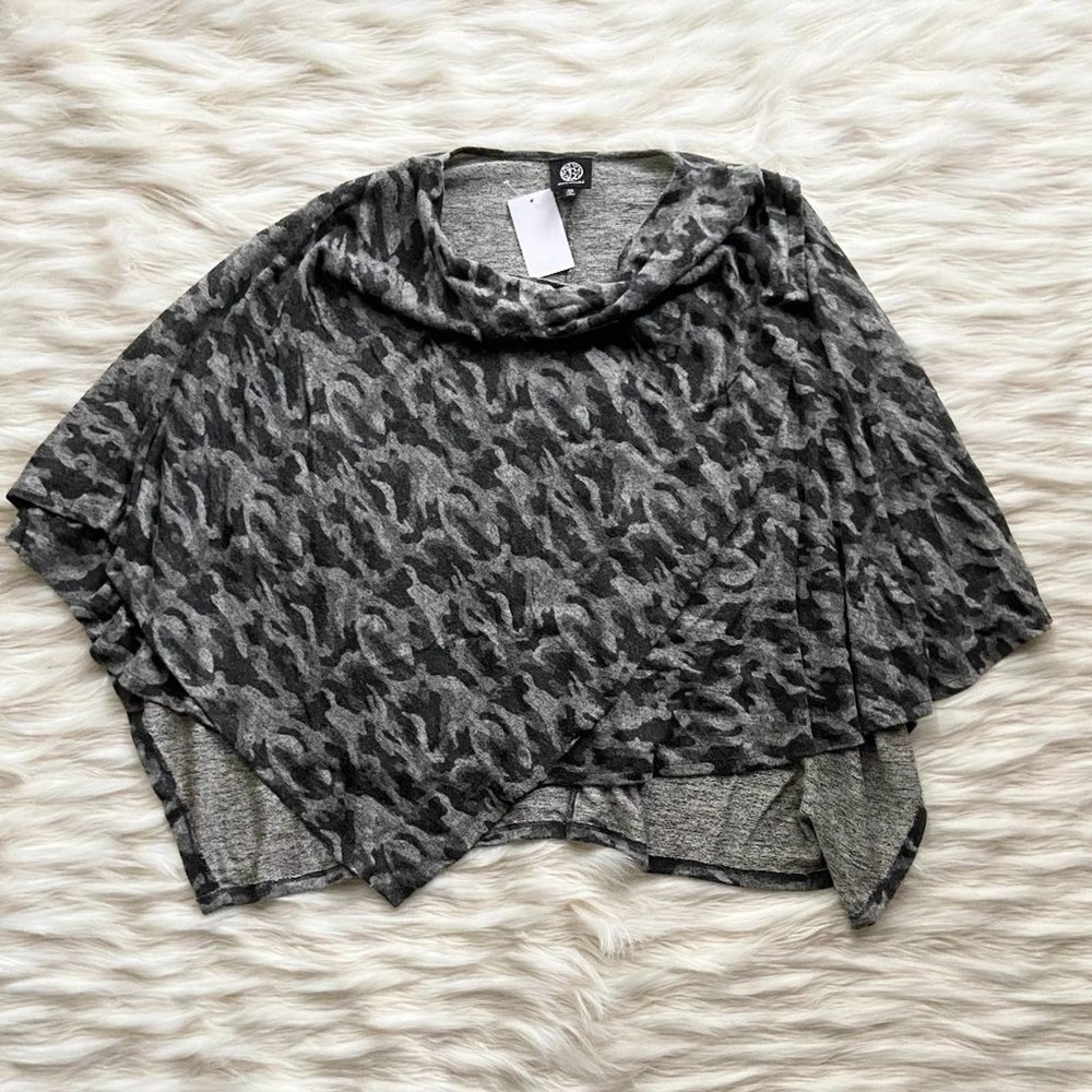 Bobeau Black Grey Camouflage Poncho Cowl Neck Sz XS